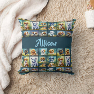 Cute puppy collage, baby hundar, personlig kudde