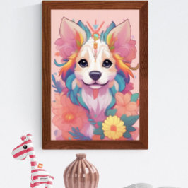 Cute Puppy Colorully Flowers Poster