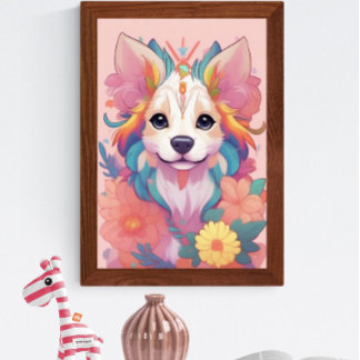 Cute Puppy Colorully Flowers Poster