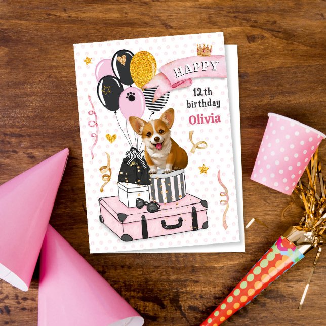 Cute Puppy Corgi med ballons Grattis på födelsedag Helgkort (Skapare uppladdad)
