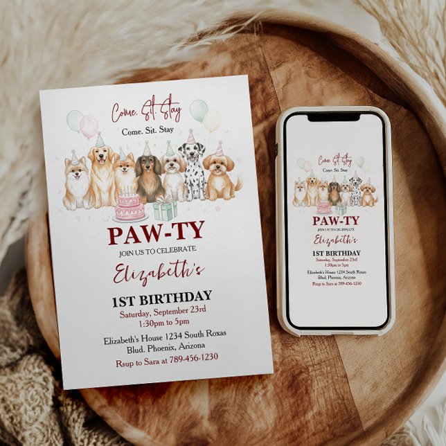 Cute Puppy Dog Boy 1st Birthday | Pawty Time First Inbjudningar (Cute Puppy Dog Boy 1st Birthday | Pawty Time First Invitation)