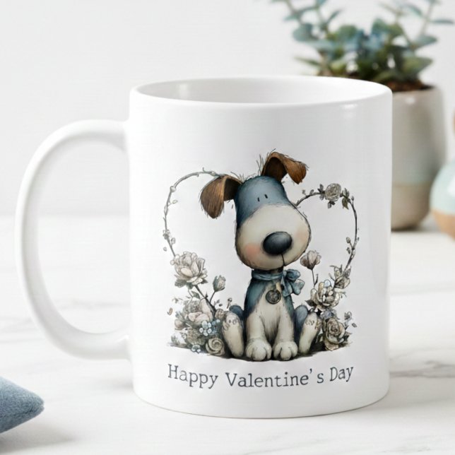 Cute Puppy Dog Valentines Mug Kaffemugg (blue watercolor cartoon puppy dog happy valentines day mug)