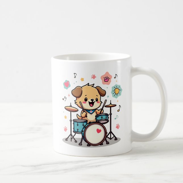 Cute Puppy Drummer - Happy Dog Playing Drums Kaffemugg (Höger)