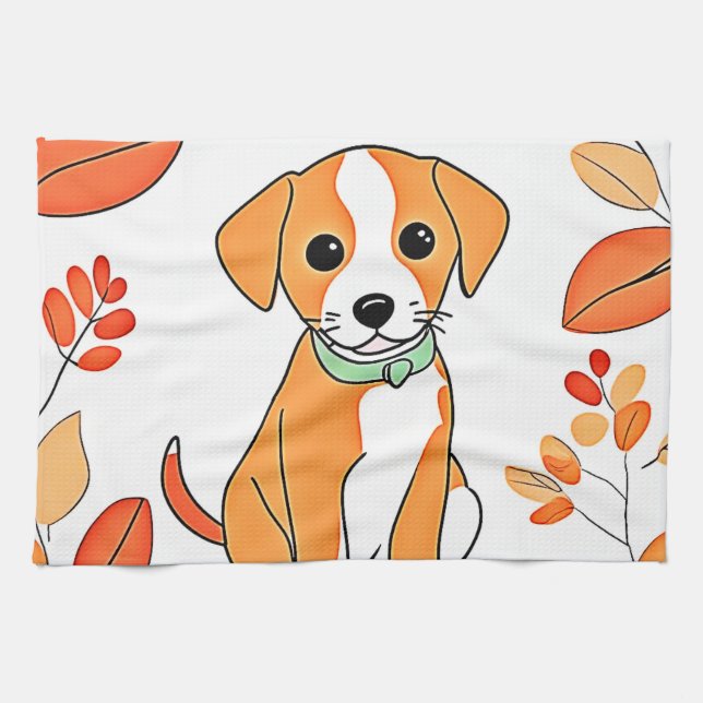 Cute Puppy Fall Artwork Kökshandduk (Horisontell)