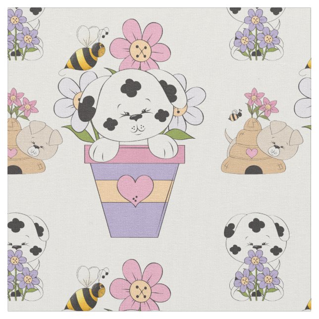 Cute Puppy Hund and Flowers Tyg (Närbild)