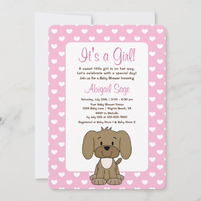 Cute Puppy Hund and Hearts Rosa Baby Shower Inbjudningar (Framsida)