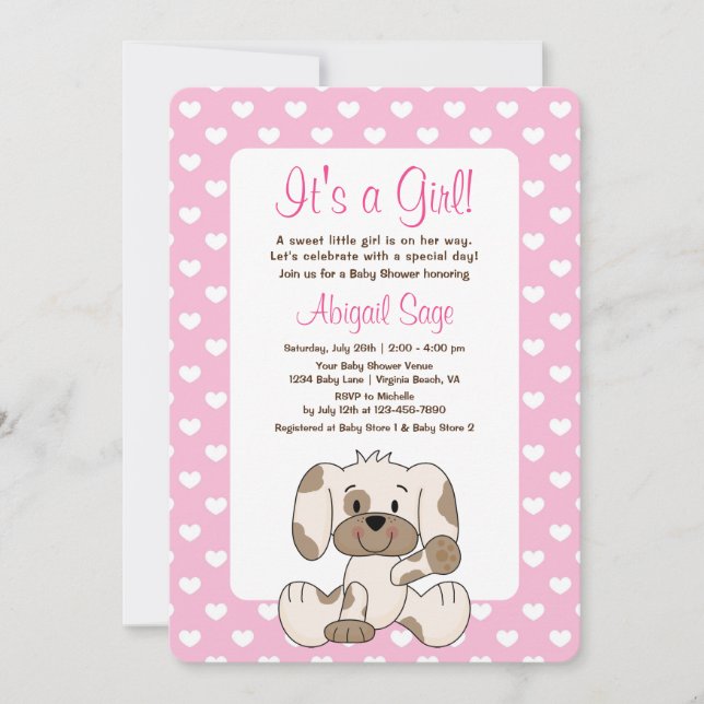 Cute Puppy Hund and Hearts Rosa Baby Shower Inbjudningar (Framsida)