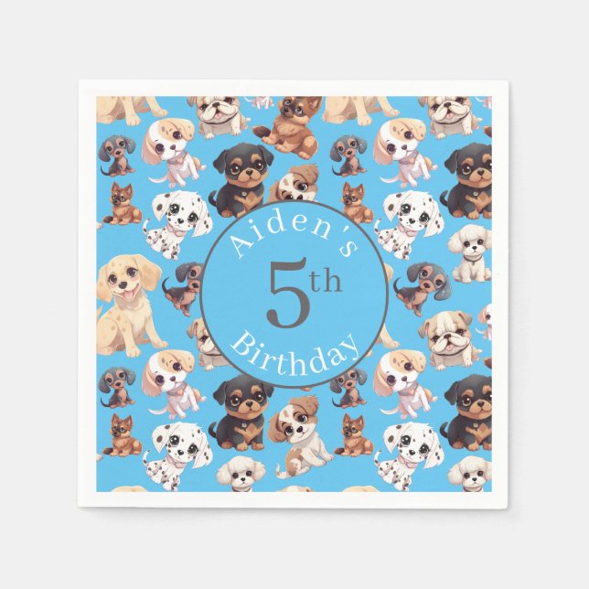 Cute Puppy Hund Birthday Blue Pappersservett (Framsidan)