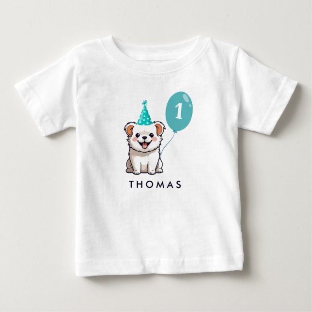 Cute Puppy Hund Birthday Boy Blue Balloon T Shirt (Framsida)
