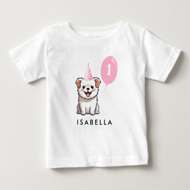 Cute Puppy Hund Birthday Girl Rosa Balloon T Shirt (Framsida)