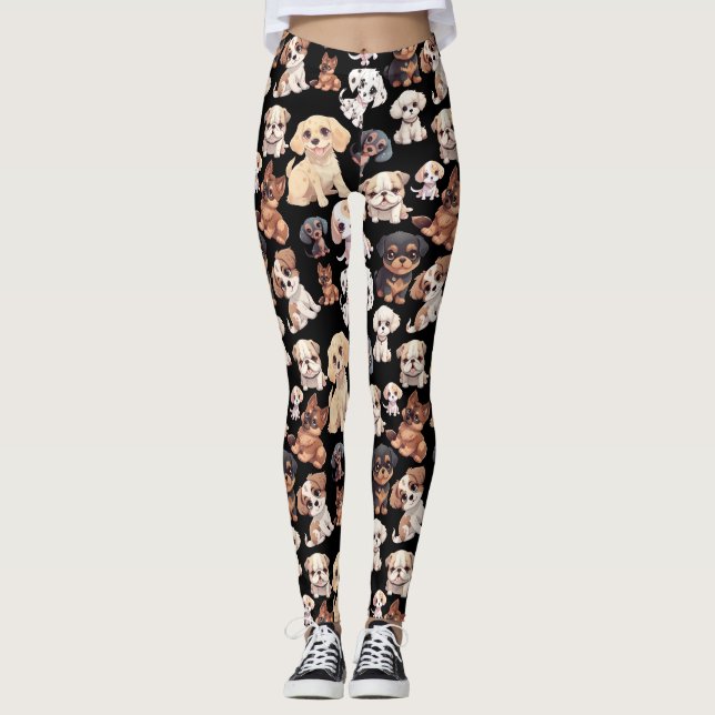 Cute Puppy Hund Black Mönster Leggings (Framsida)