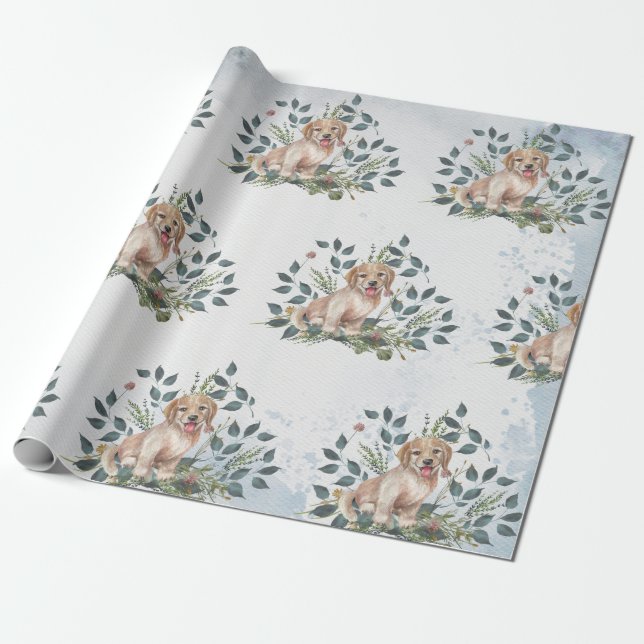 Cute Puppy Hund Blommigt Eucalyptus Presentpapper (Utrullad)
