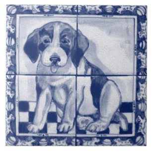 Cute Puppy Hund Blue White Dedham Delft Trivet Kakelplatta