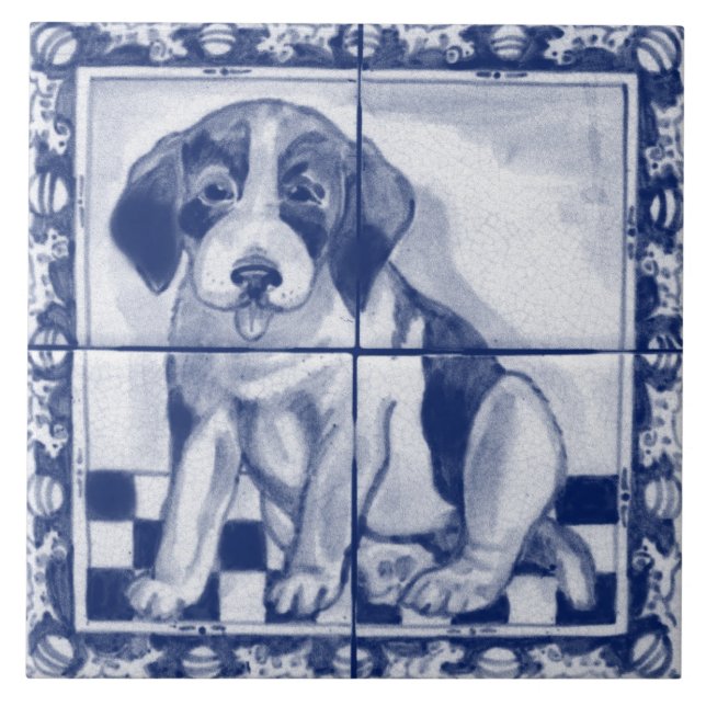 Cute Puppy Hund Blue White Dedham Delft Trivet Kakelplatta (Framsidan)
