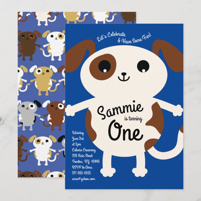 Cute Puppy Hund Färgfull 1:a födelsedagsinbjudan Inbjudningar (Fram/baksida)