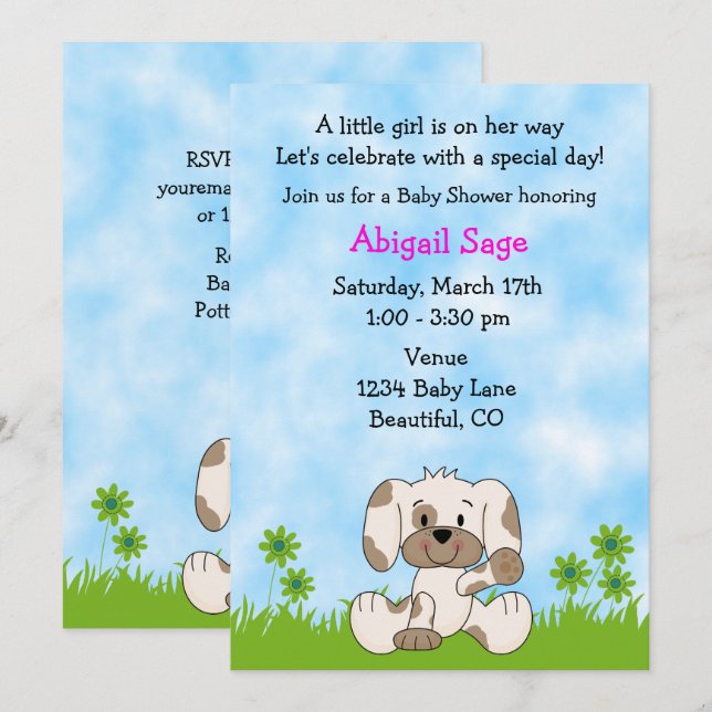 Cute Puppy Hund Girl's Baby Shower Inbjudningar (Fram/baksida)