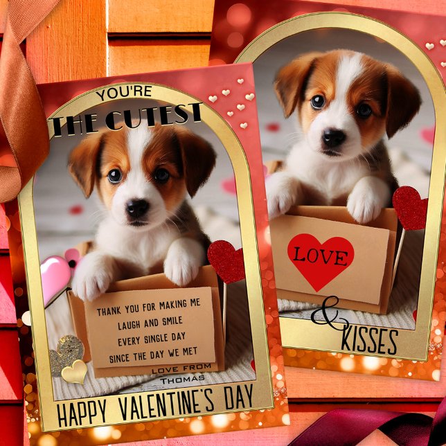 Cute Puppy Hund Glad Alla hjärtans dagskort Julkort (A romantic and cute Valentine's Day card featuring a puppy dog delivered in a box)