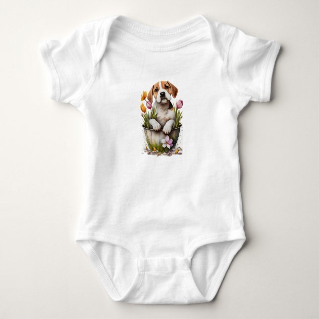 Cute Puppy-Hund i blomkruka T Shirt (Framsida)