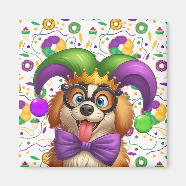 Cute puppy hund Mardi Gras in jester hat Magnet (Framsidan)