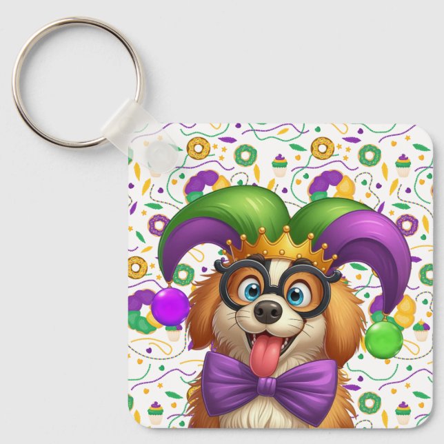 Cute puppy hund Mardi Gras in jester hat Nyckelring (Framsida)