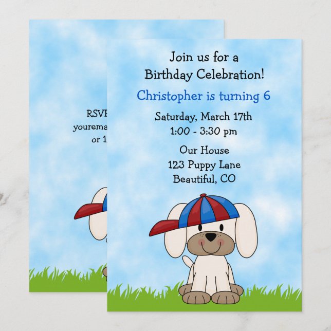 Cute Puppy Hund med Baseball Hat Birthday Inbjudningar (Fram/baksida)
