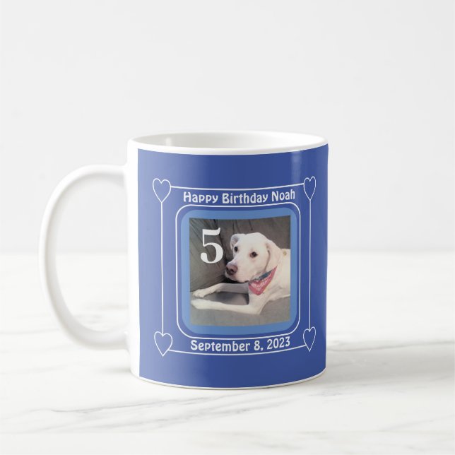 Cute Puppy Hund Photo Birthday Number 5 Blue Kaffemugg (Vänster)