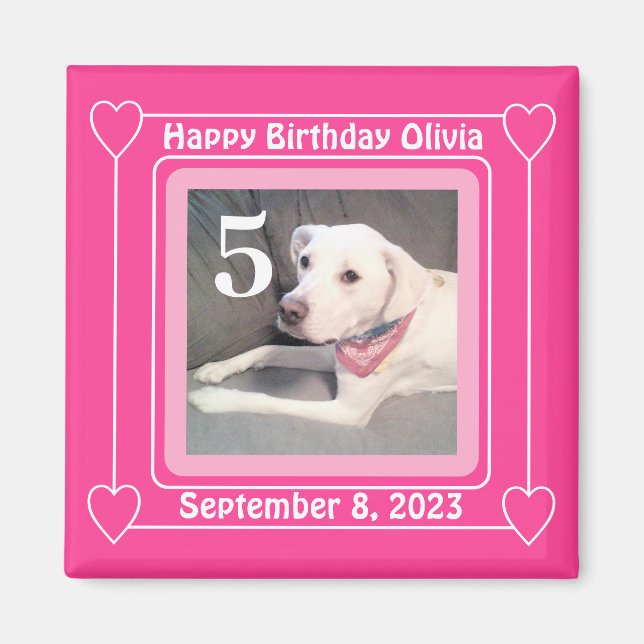 Cute Puppy Hund Photo Birthday Number 5 Rosa Magnet (Framsidan)