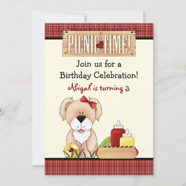 Cute Puppy Hund Picnic Birthday-inbjudan ~ Girls Inbjudningar (Framsida)