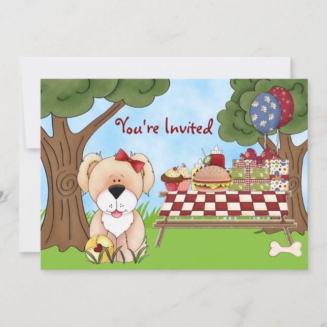Cute Puppy Hund Picnic Birthday-inbjudan ~ Girls Inbjudningar (Framsida)