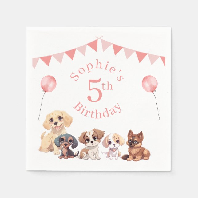 Cute Puppy Hund Rosa Girl Birthday Pappersservett (Framsidan)