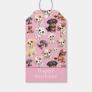 Cute Puppy Hund Rosa Grattis på födelsedagen Presentetikett