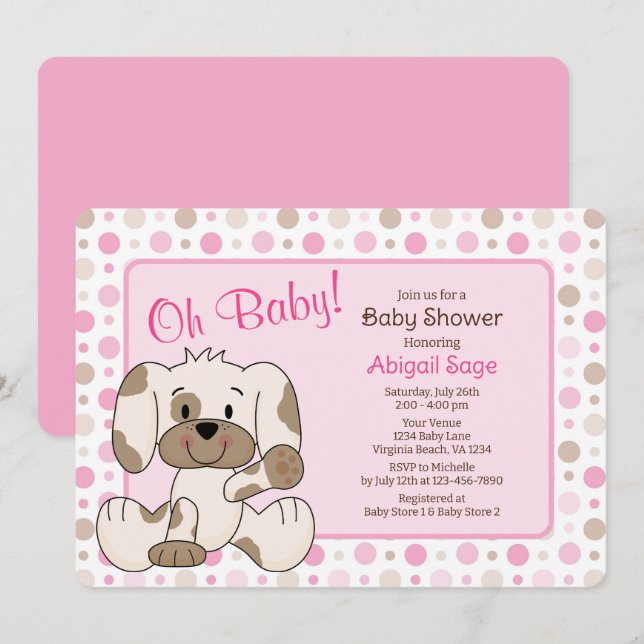 Cute Puppy Hund Rosa Polka Dot Baby Shower Inbjudningar (Fram/baksida)