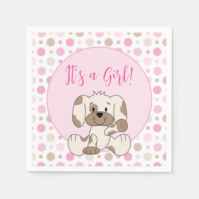 Cute Puppy Hund Rosa Polka Dot Baby Shower Pappersservett (Framsidan)