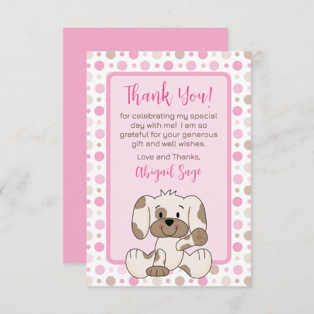 Cute Puppy Hund Rosa Polka Dot Baby Shower Tack Kort (Fram/baksida)
