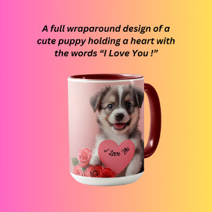 Cute puppy-hund som håller ett hjärta mugg