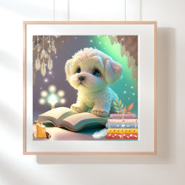 Cute Puppy Hund som läser bok Nursery Art Poster