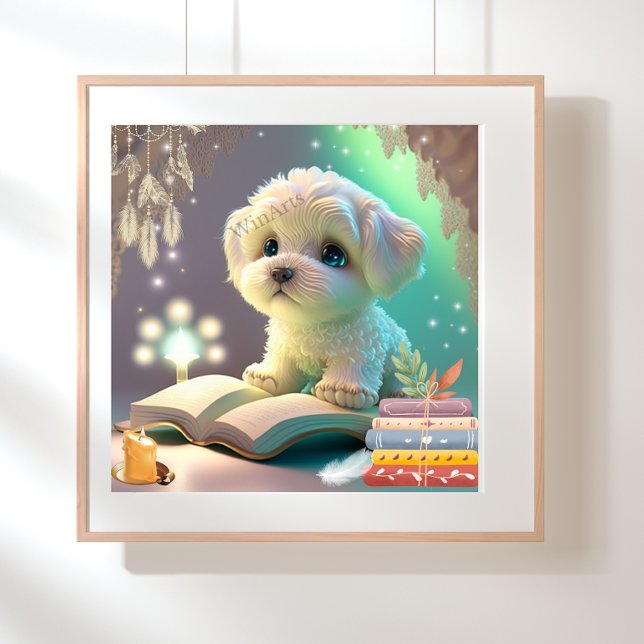 Cute Puppy Hund som läser bok Nursery Art Poster (Skapare uppladdad)