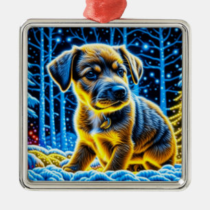 Cute Puppy Hund spelar i Snö-jul Julgransprydnad Metall