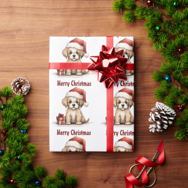 Cute Puppy Hund vid tomten God jul Presentpapper (Julgåva)