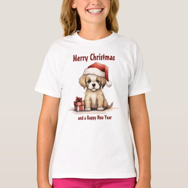 Cute Puppy Hund vid tomten God jul T Shirt (Framsida)