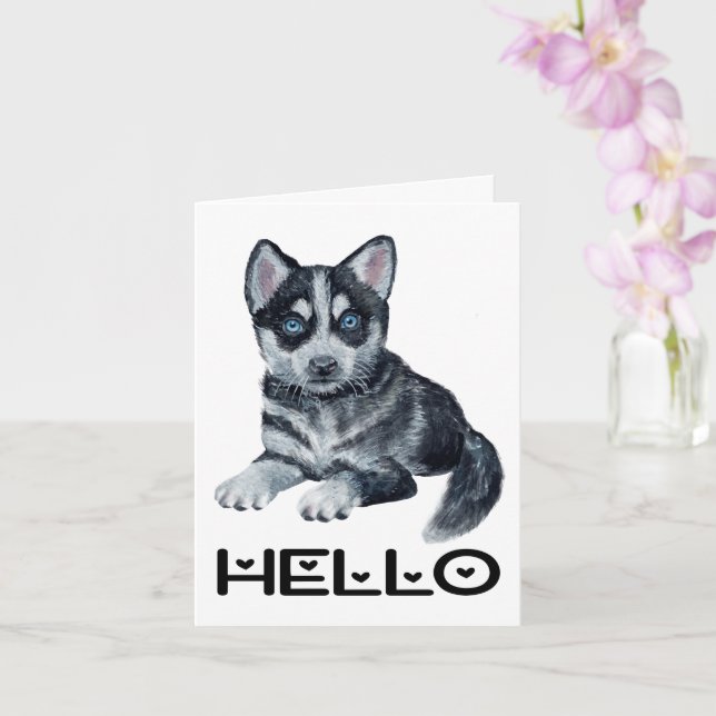 Cute Puppy Hund Watercolor Siberian husky Hej Kort (Orkide)