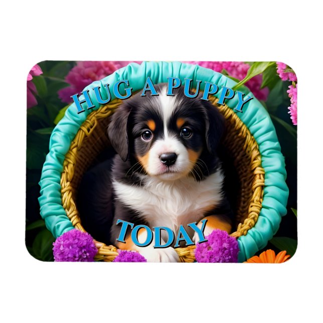Cute Puppy i Basket Magnet (Horisontell)