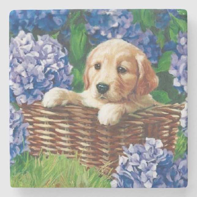 Cute Puppy i Basket Stenunderlägg (Framsidan)