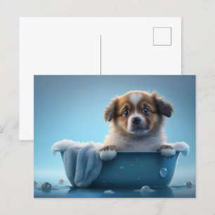 Cute Puppy i Blue Bath Tub Vykort