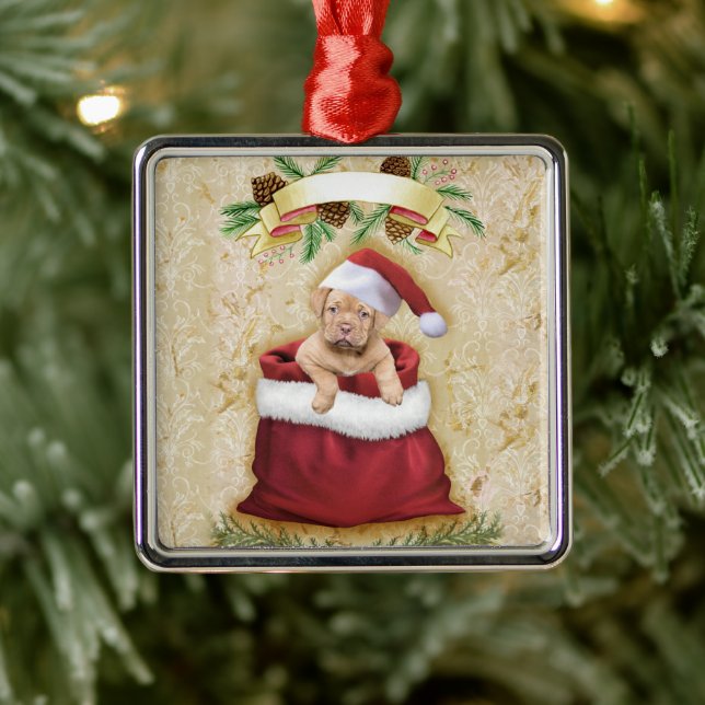 Cute Puppy i en säck med julen leksaker Julgransprydnad Metall (Träd)
