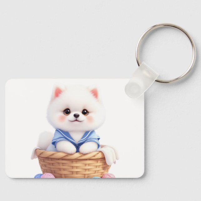 Cute Puppy in Basket Keychain Nyckelring (Framsida)