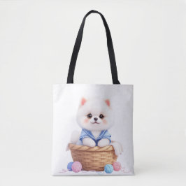 Cute Puppy in Basket Tote Tygkasse