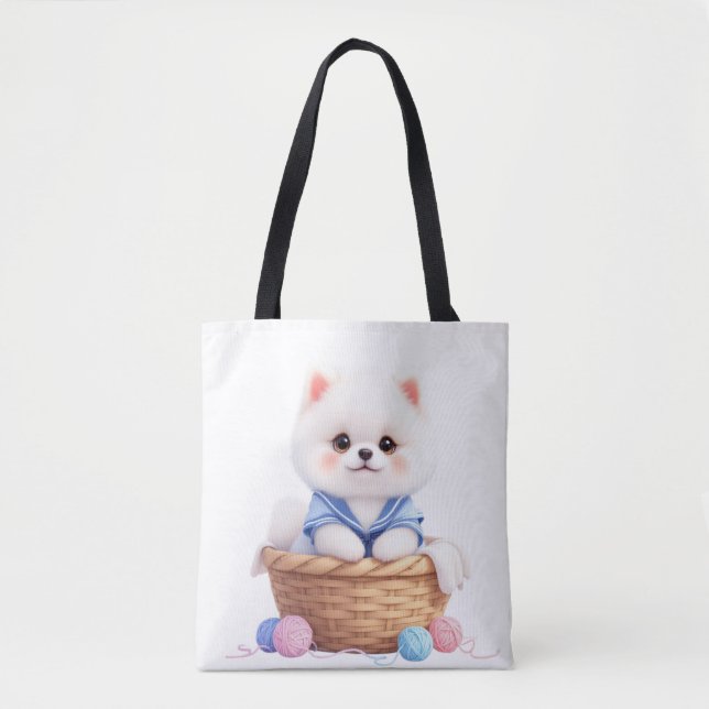Cute Puppy in Basket Tote Tygkasse (Framsida)