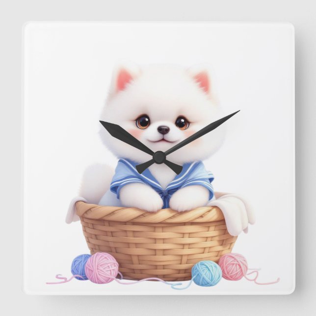 Cute Puppy in Basket Wall Clock Fyrkantig Klocka (Framsida)