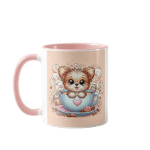 Cute Puppy in Coffee Cup with Hearts